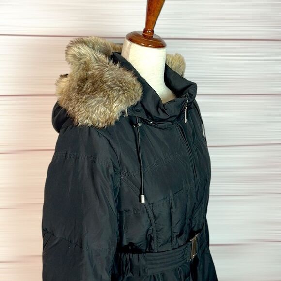 A Pea in the Pod Maternity Black Down Coat Jacket Hood with Faux Fur Trim sz L - Picture 3 of 10